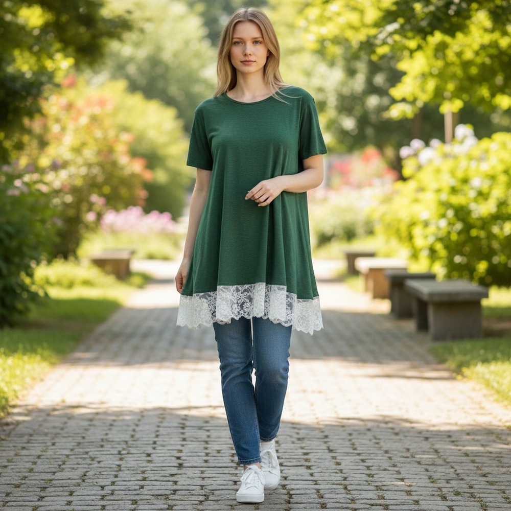 HALIFE Dress Women 2XL Green Lace Trim Short Sleeve A-Line Jersey Blend